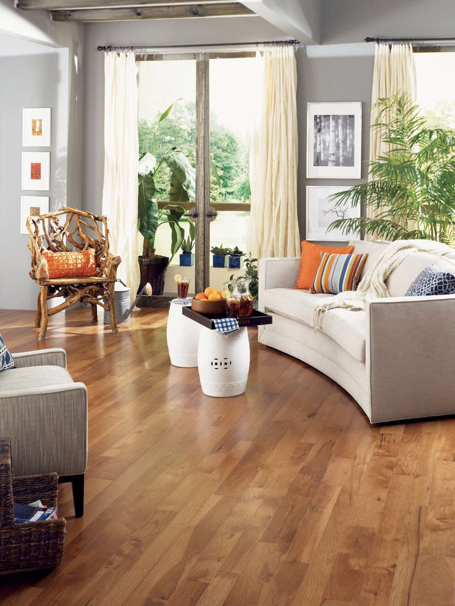 As an alternative to traditional oak flooring, pre-finished hickory is a harder wood with a bolder definition.